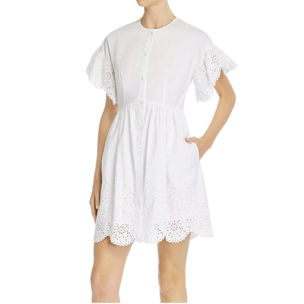 Rebecca Taylor Womens White Cotton Eyelet Buttoned Ruffled Sleeve Short Dress XS